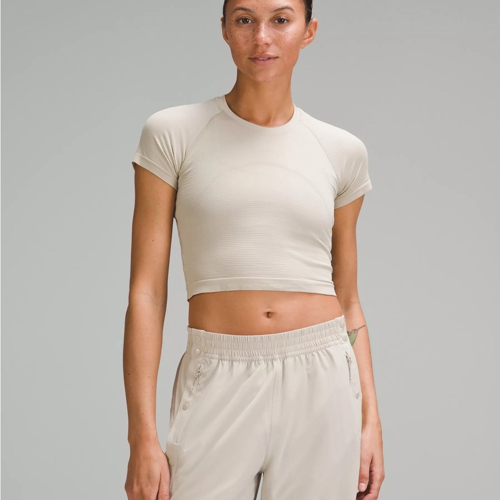 lululemon athletica Cream Crop Top with Crew Neck and Cap Sleeves